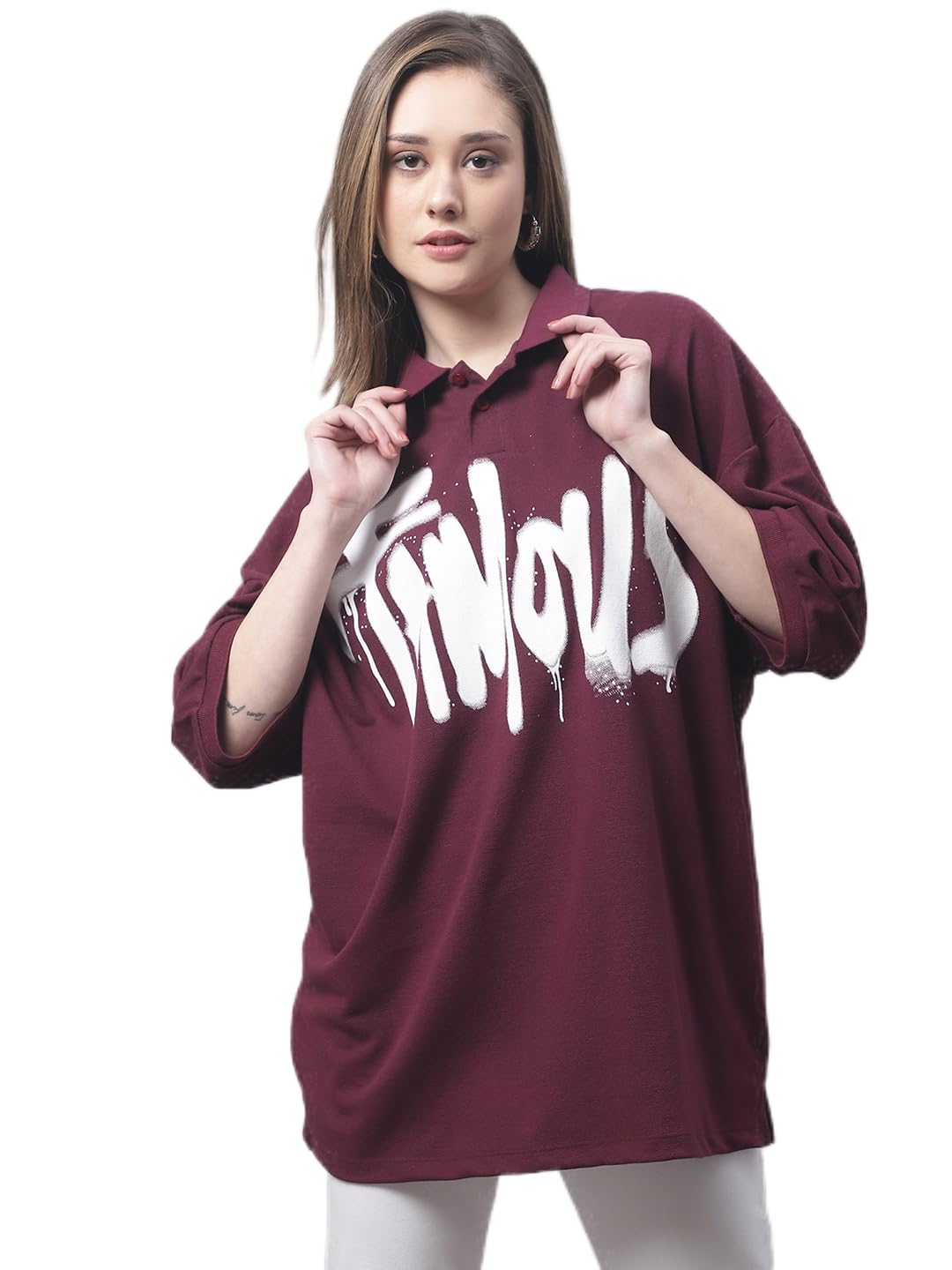 door74 Womens Famous Printed Maroon Color Oversize FIT Polo Tshirt-picture-27