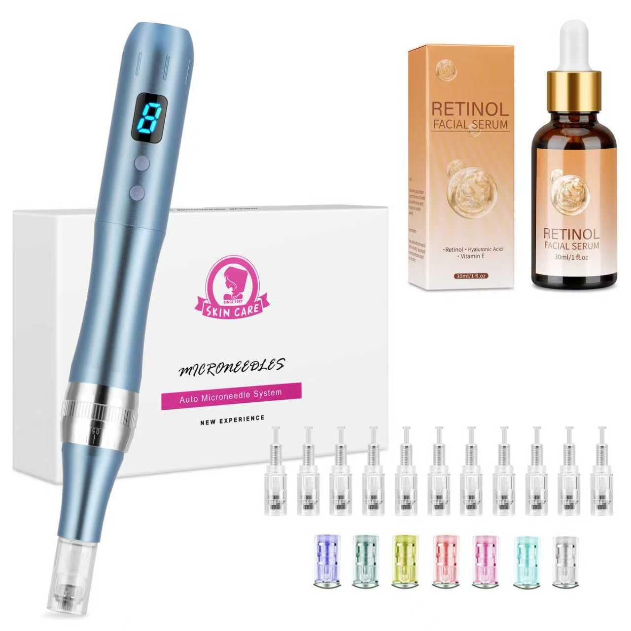 Dermapen - Microneedling Pen con 8 livelli di velocità, lunghezza regolabile, con 12 cartucce, con siero retinolo per microneedling (azzurro)