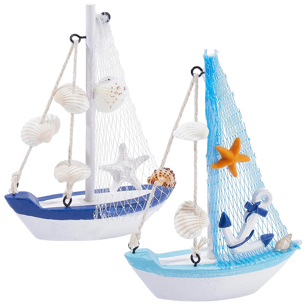 SOFPLATE 1 Box 2 Styles 2Pcs Mini Sailboat Models Mini Boat Wood Blue White Small Miniature Ship Anchors Fishing Net Nautical Ornaments Wooden Sailing Boat for Home Office Beach Ocean Party Decoration