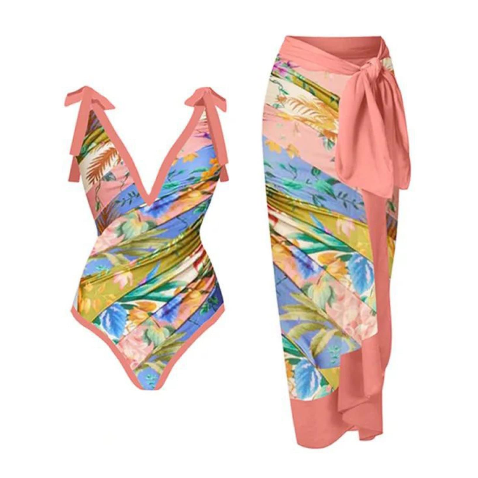 Mujeres Traje De Baño De Dos Piezas con Falda Larga Sarong Playa Cover Up Beachwear para Playa, Piscina, Vacaciones Tropicales (Color : B, Size : L)
