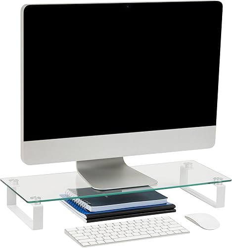 Mind Reader Soporte para monitor, contemporáneo, organizador de escritorio, elevador para laptop, oficina, vidrio, 22 pulgadas de largo x 8.25