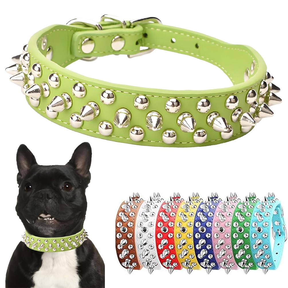 Spiked Dog Collar Soft PU Leather Rivet Spike Puppy Collar Studded Cat Collars Metal Buckle Adjustable For Small Medium Large Breed Pets Like Chihuahua Pug Pit Bull Bulldog, Green XXL — image 1