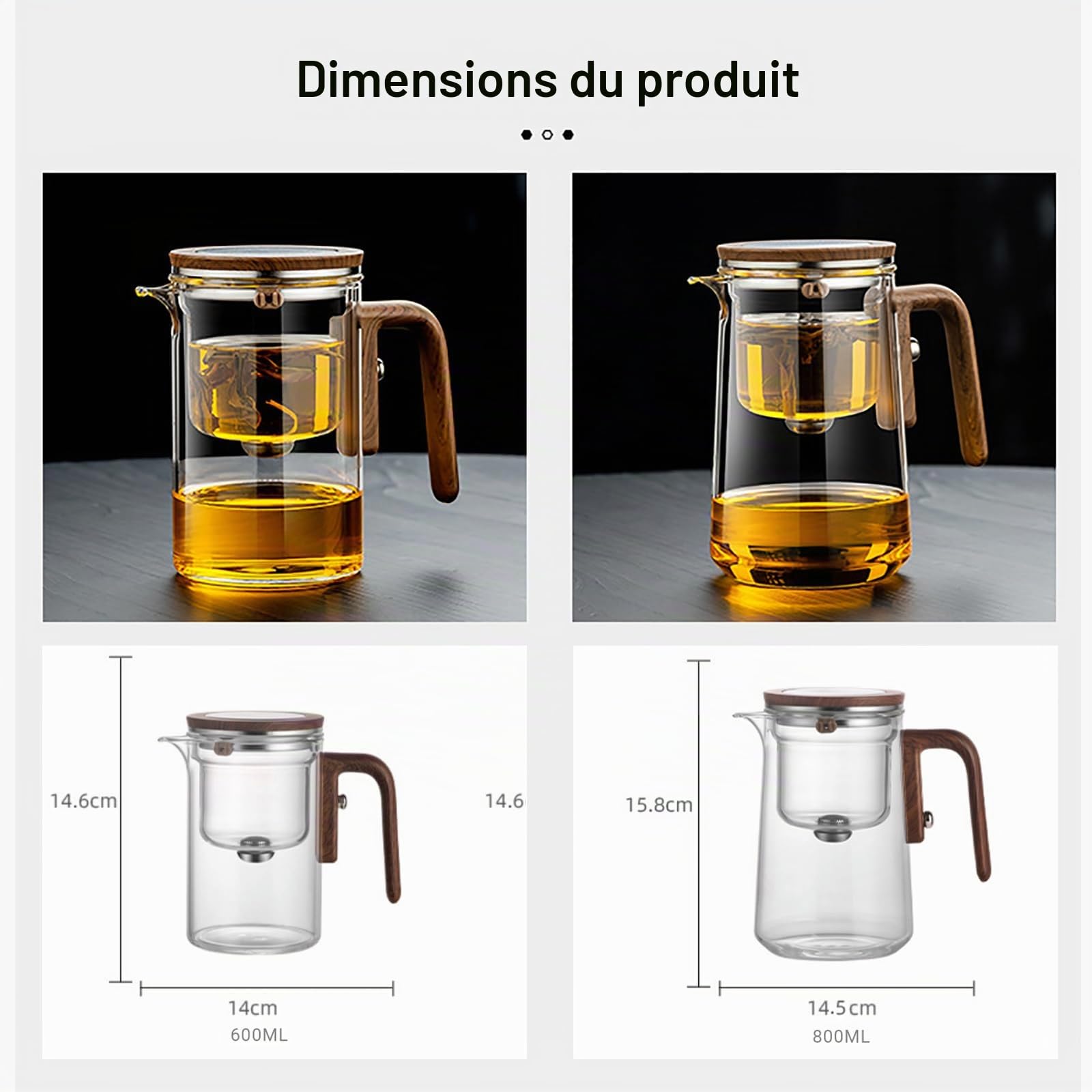 Théière Magique en Verre avec Séparation d'eau – 800 ML, Verre Borosilicate/Design Démontable/Facile à Nettoyer, Enchantipot Magic Teapot avec Poignée en Bois pour Maison, Bureau