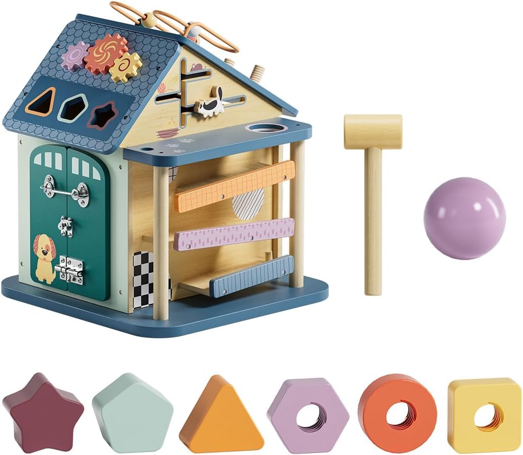 Activity Haus aus Holz personalisiert – 12-in-1 Motorikspielzeug ab 2 Jahre – mit LED-Elementen – Geschenkidee