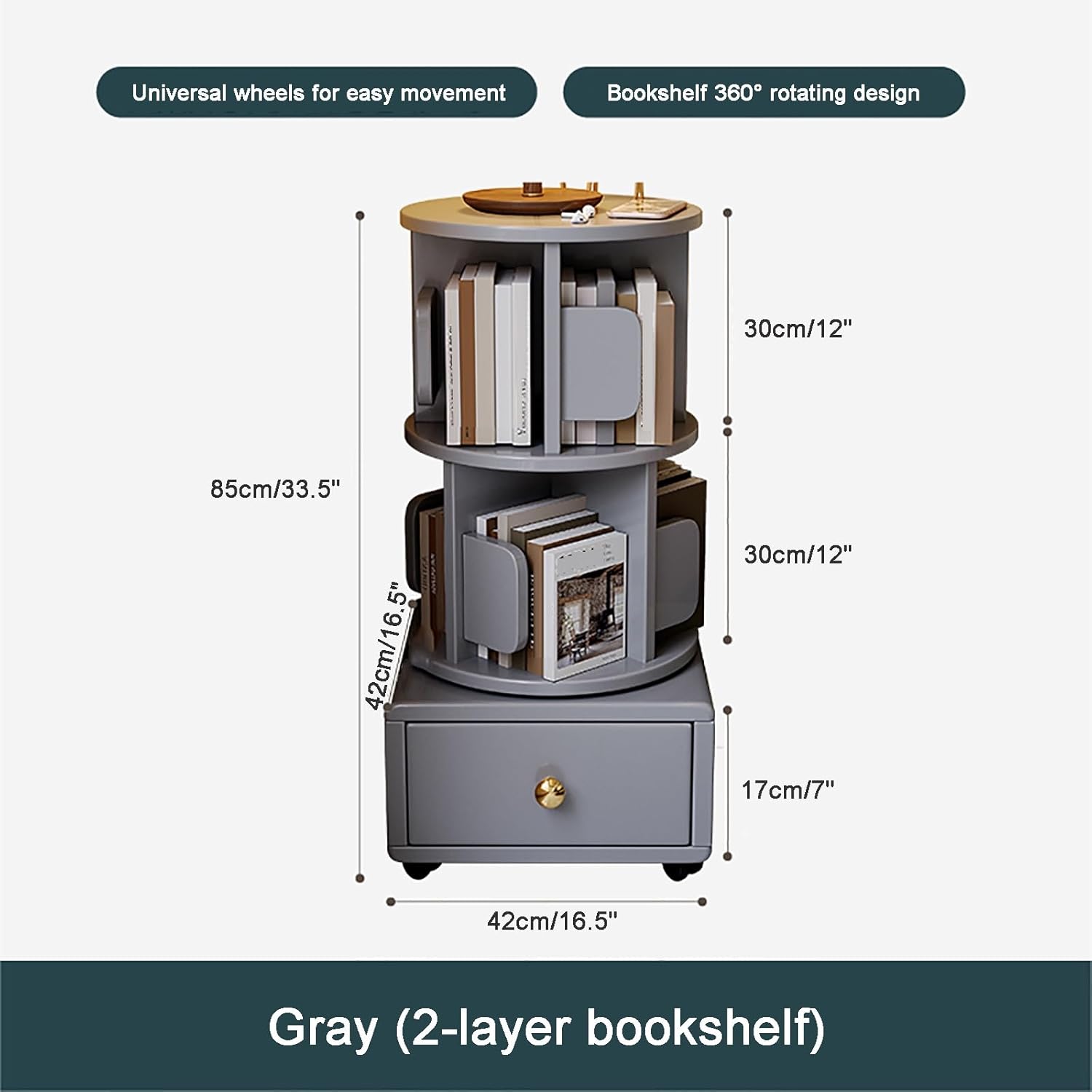 ベッドサイドテーブル、2段ナイトテーブル、小型の360&deg;回転ディスプレイ本棚、収納付きエンドテーブル、リビング、部屋、寝室、書斎、オ