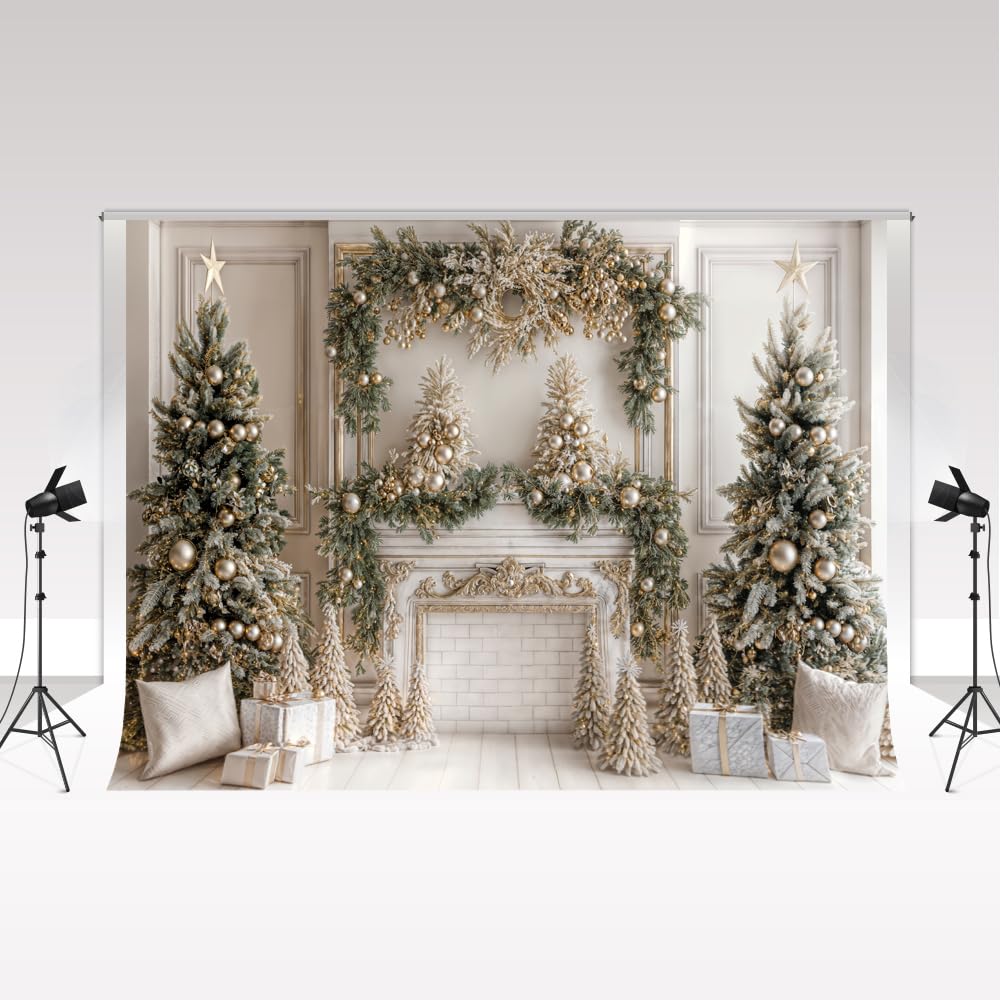Fondali fotografici natalizi Kate 3x2m Albero di Natale Bianco Camino vintage in mattoni Sfondo decorativo Bambini Ritratto per adulti Servizio fotografico Famiglia Sfondo natalizio Puntelli