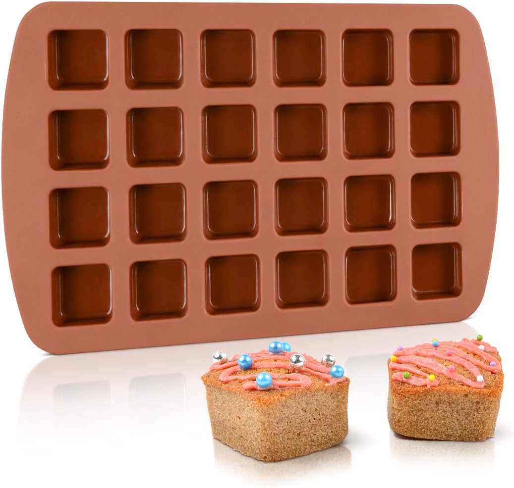 Bite-Size Brownie Silicone Baking Molds - Square Small Brownie Pan 24-Cavity Silicone Molds