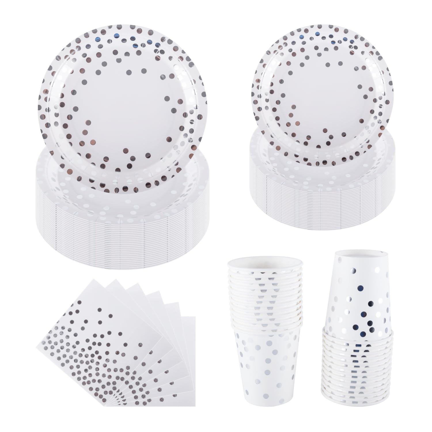 Ceiliwen Set Stoviglie per Feste con Puntini Argento per 25 Ospiti - Piatti di Carta da 22,9 cm e da 19,1 cm Bianchi e Argento, Bicchieri, Tovaglioli - Stoviglie Eleganti per Matrimonio, Anniversari