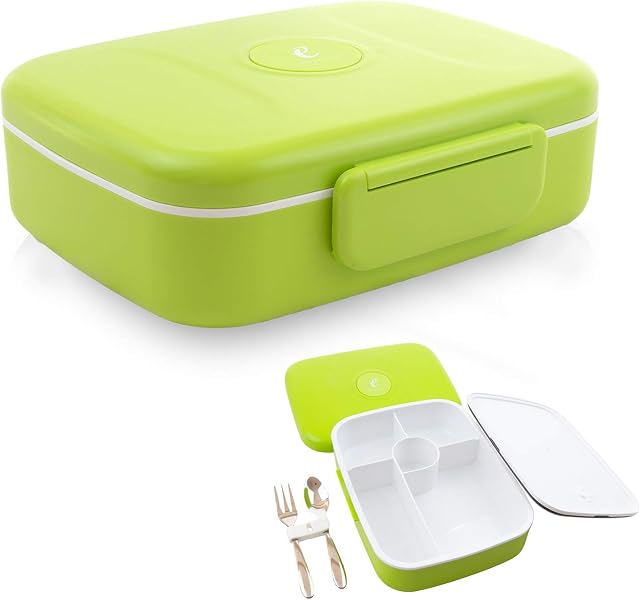 eSeasons Bento Lunch-Box Leak Proof 5 Compartment White Green Stainless Steel Cutlery