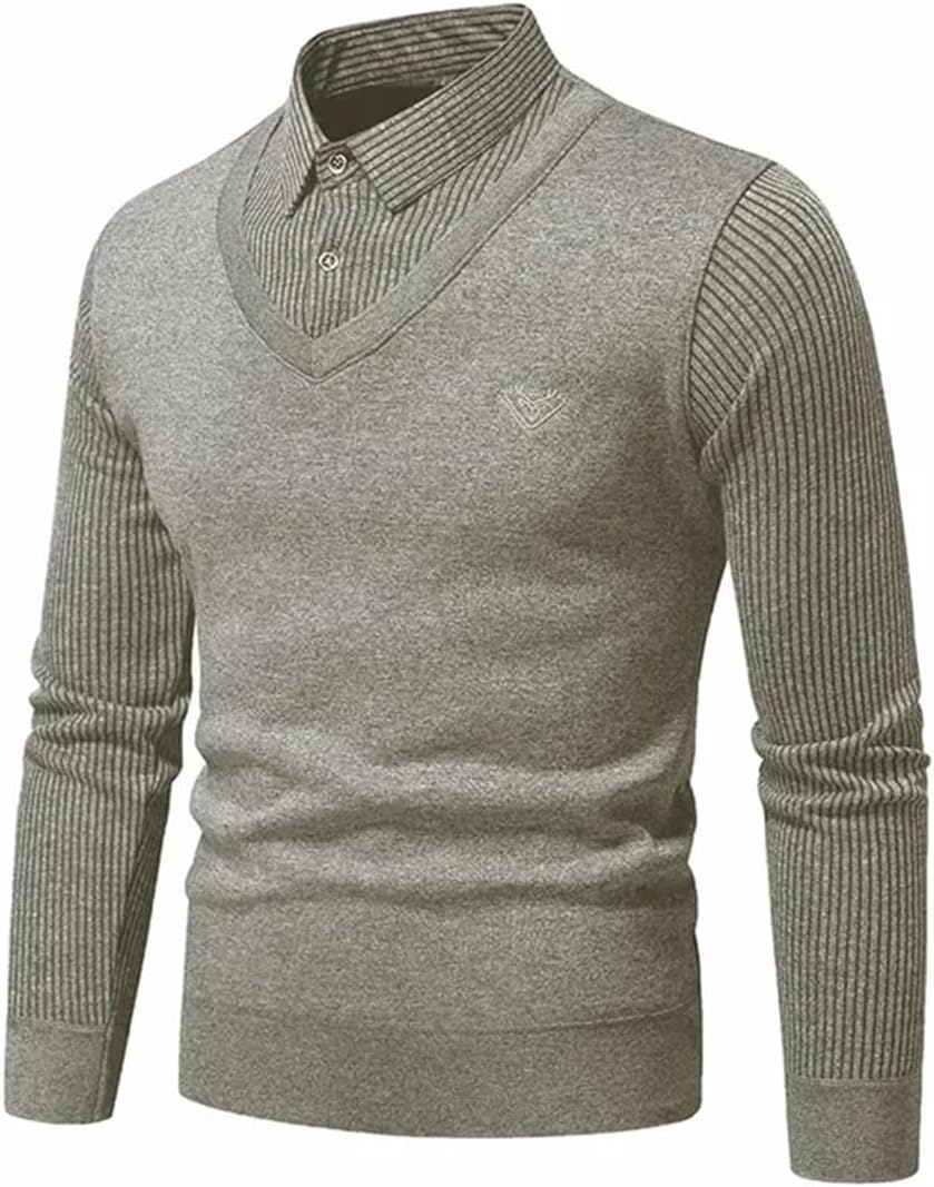 Men's Two Piece Sweater With Fleece And Slim Fit Collar Knitted Bottom Shirt