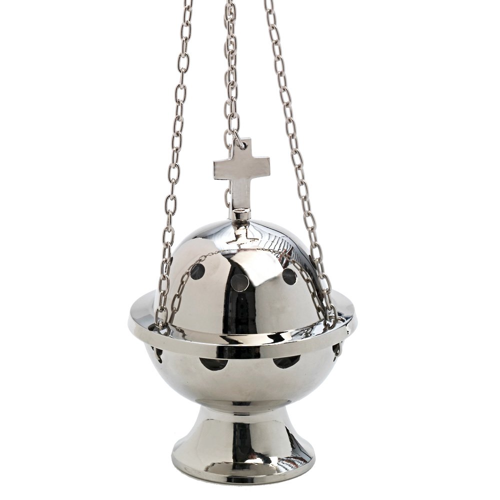 NKlaus incensiere nichelato bruciatore d'incenso argento con catena a croce 51cm decorazione 7590