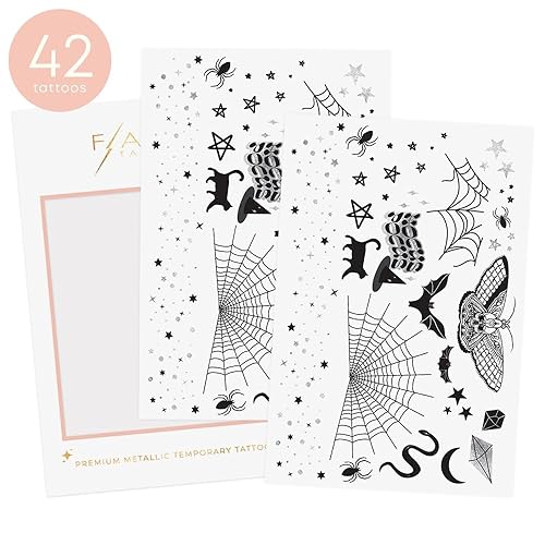 Miniatura 2 de Flash Tattoos Tatuajes temporales de Halloween Witch Please | 44 tatuajes espeluznantes | Tatuaje metálico | Suministros para fiesta de Halloween |