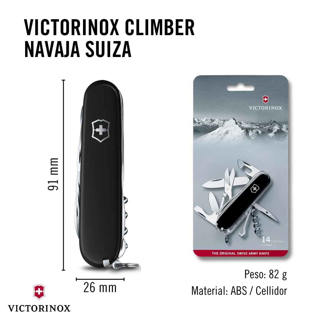 Victorinox Climber Navaja con 14 funciones, incluyendo hoja grande y abrebotellas | Navaja de bolsillo hecha en Suiza, construcción duradera, herramienta multifunción, camping y uso diario