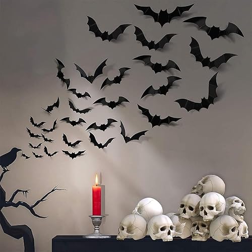 Miniatura 7 de YHW 124 piezas de murciélagos decoraciones de Halloween decoración de pared de murciélagos de Halloween, calcomanías de PVC 3D Murciélago de pared