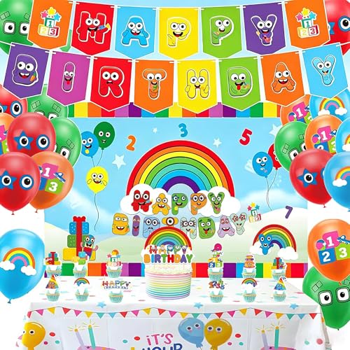 Number Birthday Party Decorations Set Letter Digital Blocks Cartoon-themed Party Supplies Include Banner Backdrop Balloons Cake Toppers and Tablecloth for Kids Birthday Party Supplies