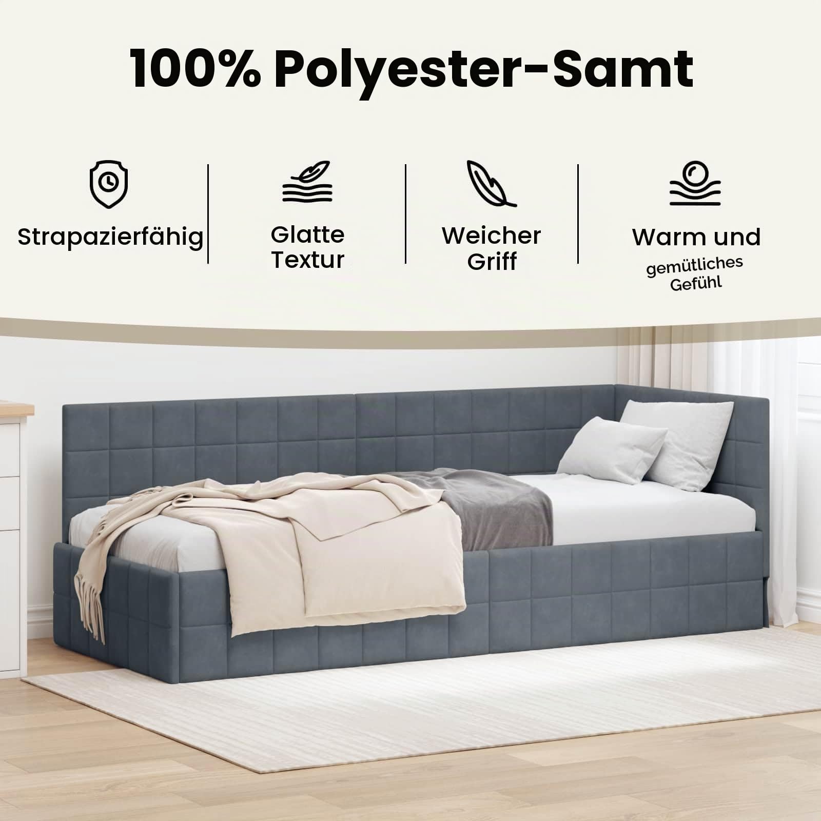 vidaXL Eckbettgestell mit Kopfteil Dunkelgrau 100 cm x 200 cm Samt