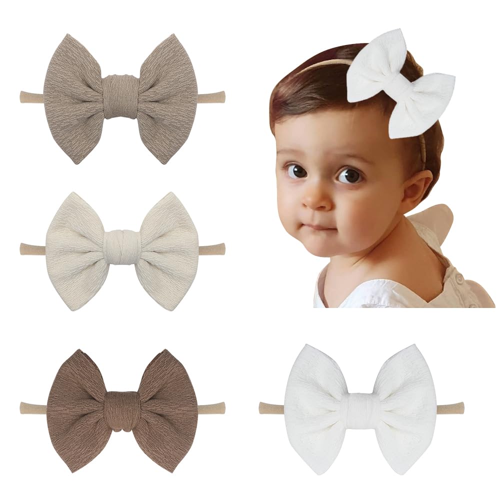 EsumunBaby Girl 5 Inch Bow Nylon Headband 4 PCS, Khaki Hair Bows Hair Band, Girl Hair Accessories for Newborn Infant Toddlers(A DL coffee NB 4pc)