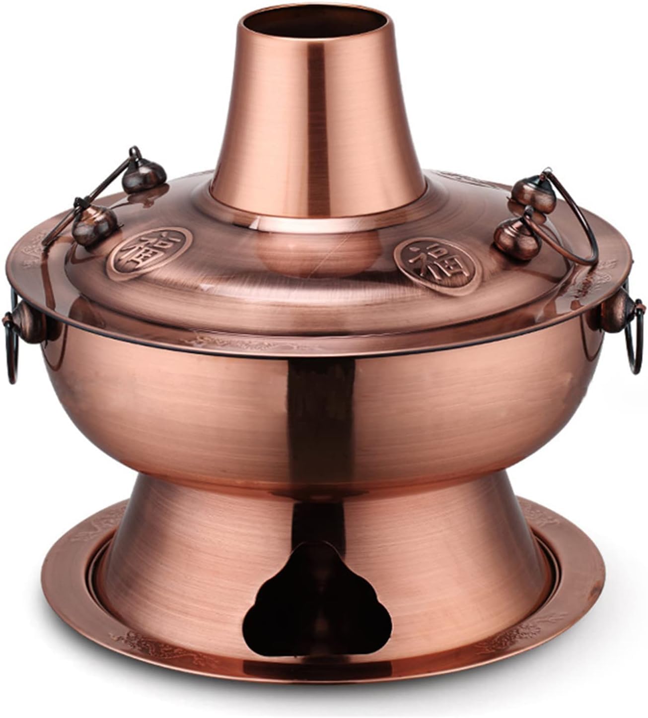 NGDFGR Traditional Chinese Copper Hot Pot,Vintage Charcoal Copper Shabu Shabu Hot Pot Stainless Steel Chinese Hotpot Soup Pot Shabu Cookware Pan With Chimney For 2-7 People,Red Copper-30cm