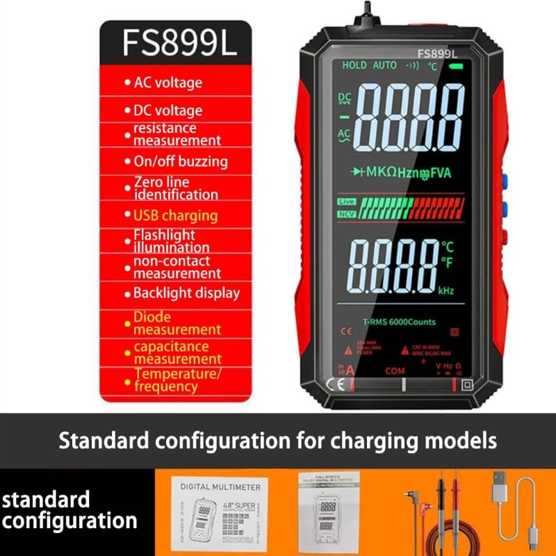 FS899L Digital Multimeter with Color Screen, USB-C Rechargeable Electrical Tester, 6000 Counts True RMS AC/DC Voltage Current Capacitance Resistance Frequency Temperature Measurement NCV Detector