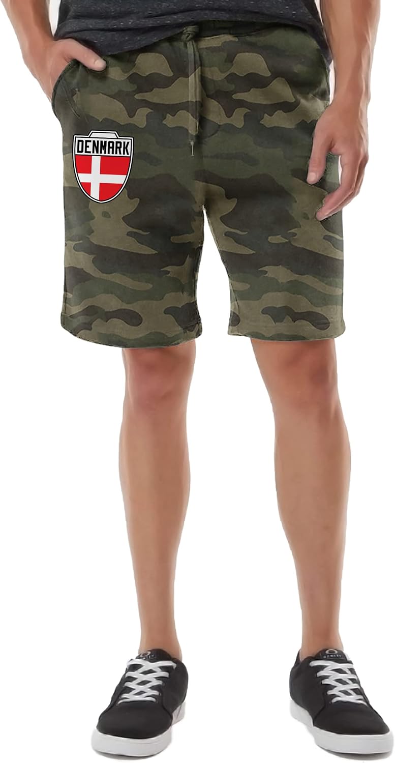 Denmark Crest - Danish National Soccer Cup Men's Drawstring Fleece Sweat Shorts (Large, Forest Camo)