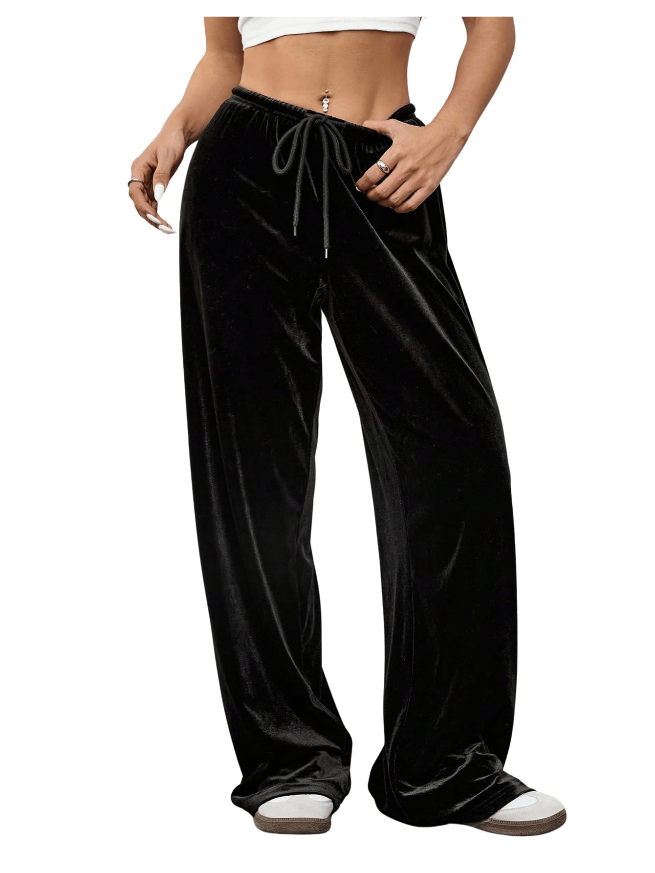 MakeMeChic Womens Velvet Drawstring Waist Pants Wide Leg Low Rise Baggy Trousers
