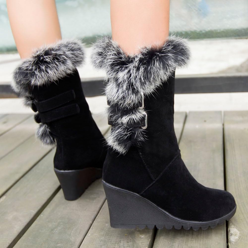 Women's Winter Fur Wedge Snow Boots Faux Suede Fur Lined Warm Mid Calf Cold Weather Buckle Wedges Snow Boots