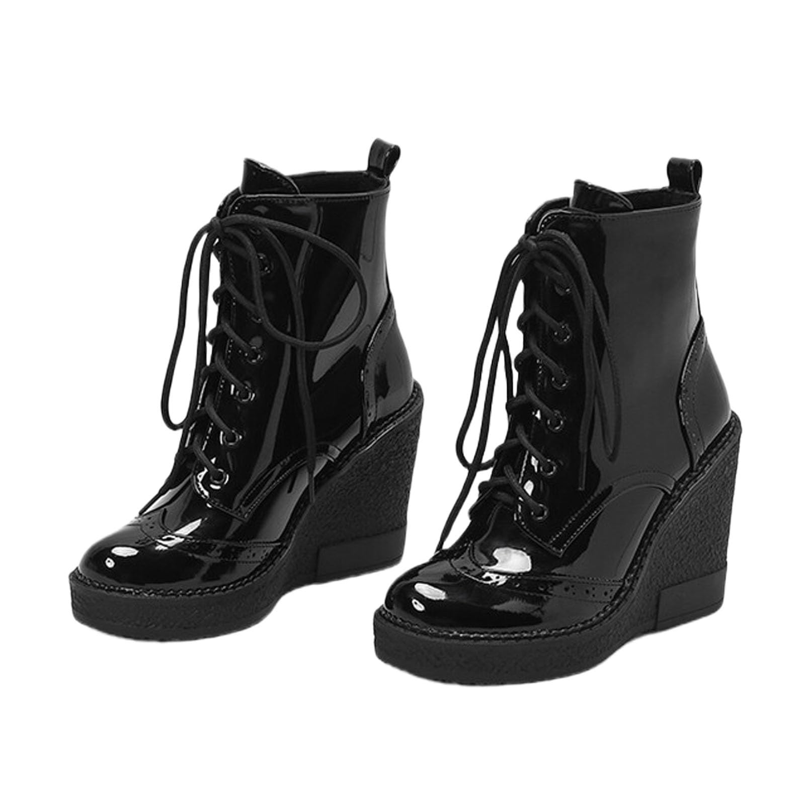 Stivaletti Con Zeppa Stivali Stringati Con Plateau Da Donna Stivaletti Biker In Vernice PU Tacchi Alti 11 Cm Scarpe Calde Alla Caviglia For Autunno E Inverno