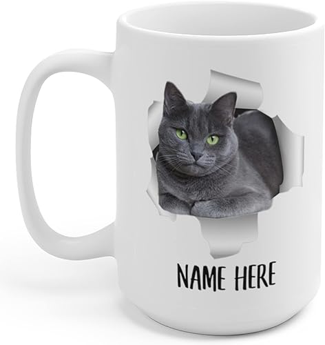 Taza de café blanca con nombre divertido con nombre, gato azul ruso, azul, gris, texto personalizado, regalo de Navidad, 15 onzas