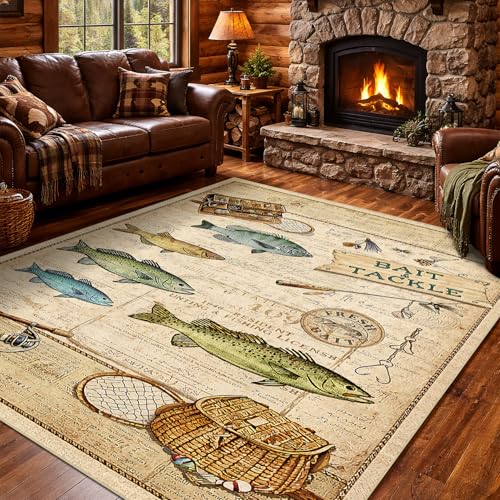 Fishing Rugs 5x7 Rustic Cabin Area Rugs for Living Room Bedroom, Washable Low Pile Non-Slip Rubber Backing, Vintage Style Carpet Brown
