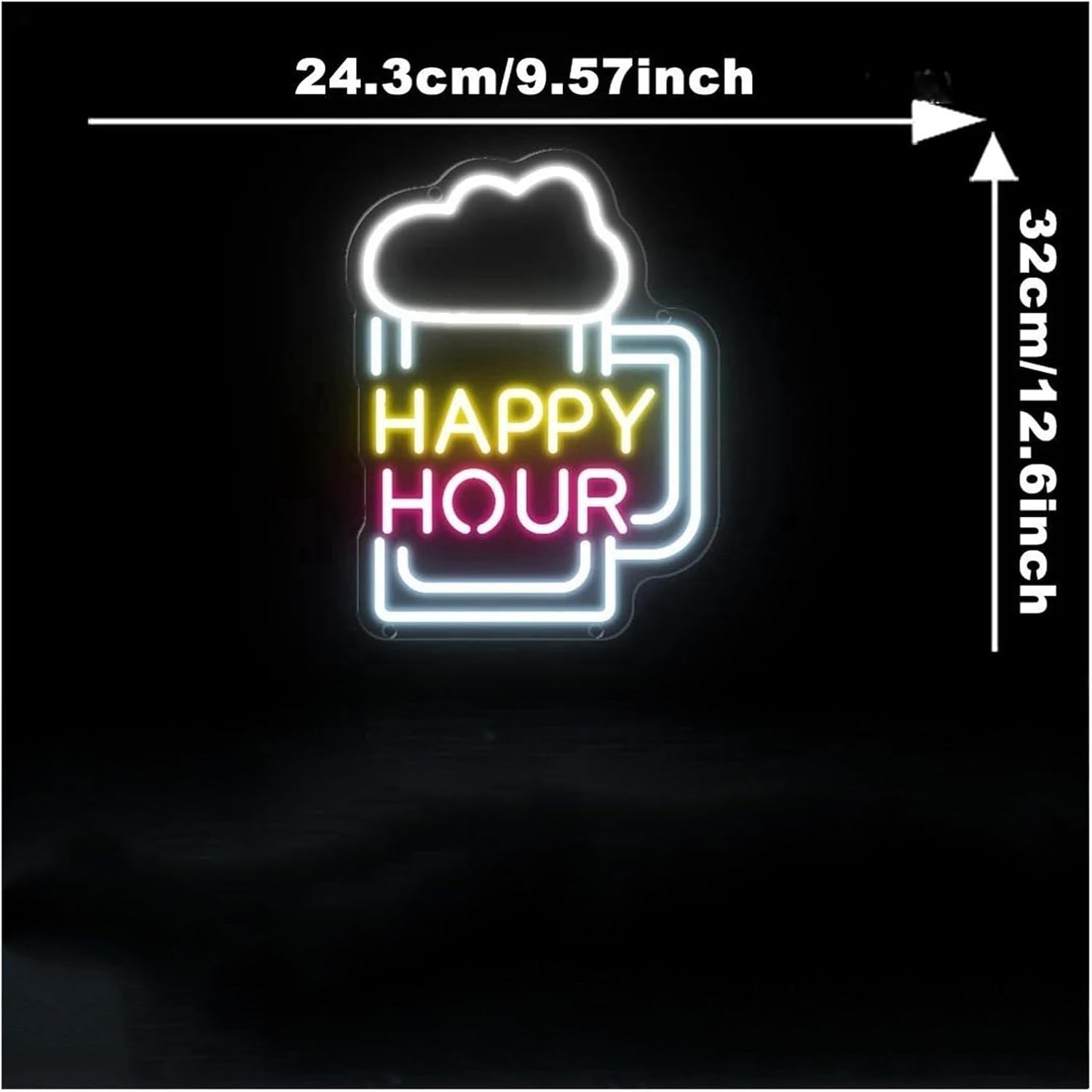 Insegna al neon con luci lettere Happy Hour dimmerabili per decorazioni murali per feste 24,3 cm x 32