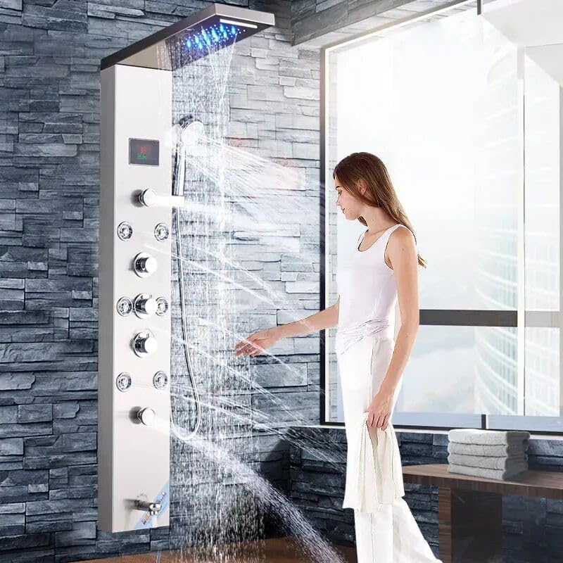 Shower Panel Stainless Steel 304, 8 in 1 Thermostatic System With LED Rainfall Shower | Hot & Cold Water Adjustable | Hand Shower | Body Mist Spray Shower Panel For Bathroom (Finishing Chrome)