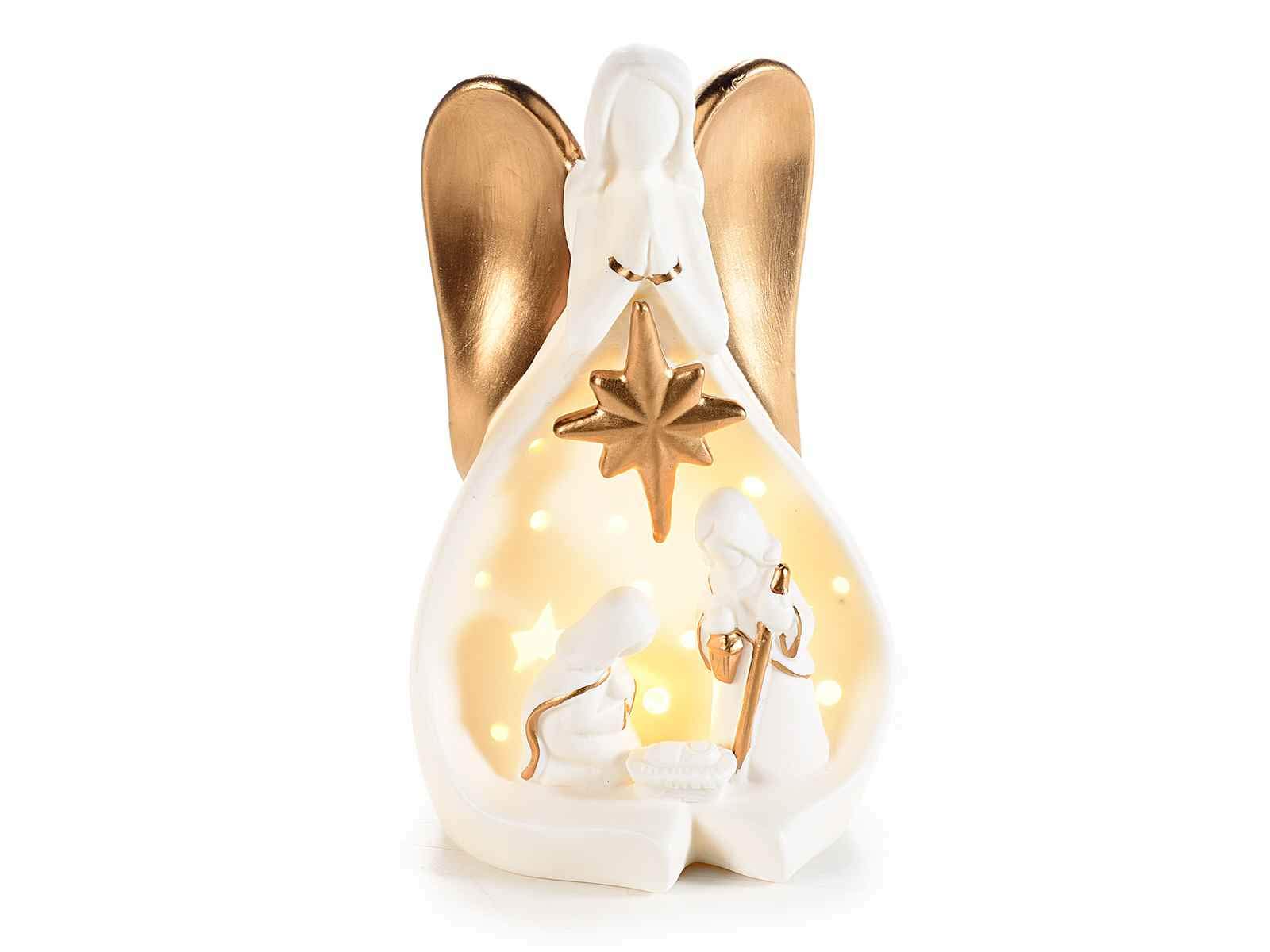 Sudopo Bosch Elettrodomestici Belén navideño KONTARBOOR de cerámica Blanca con Detalles Dorados con Luces LED, 10,5 x 9 x 18 H.