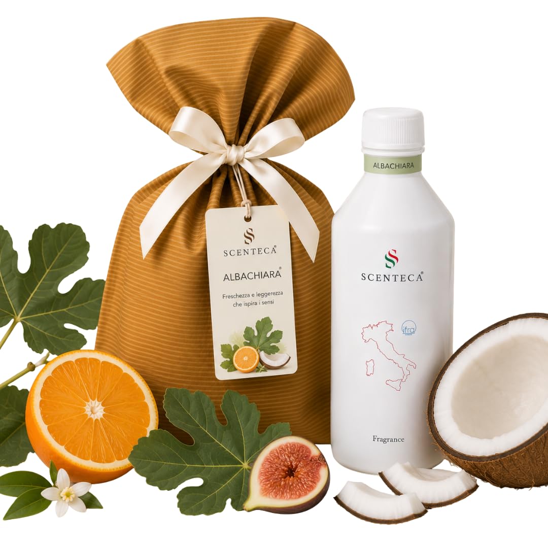 Ricarica per diffusori a nebulizzazione fragranza Albachiara, profumo ambiente con oli essenziali di arancio dolce, foglie di fico e noce di cocco, per casa e ufficio, 500 ml