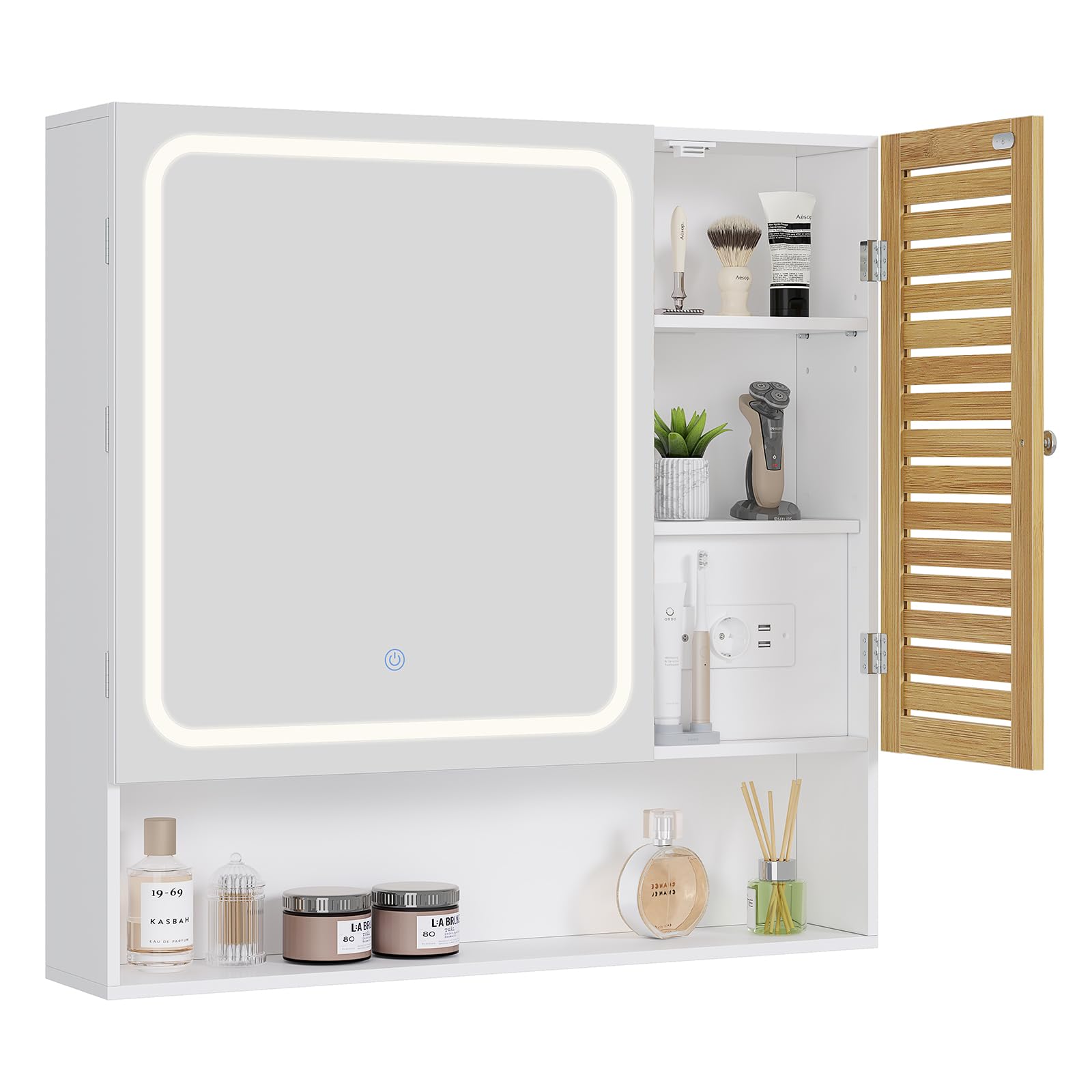Spiegelschrank Bad mit LED-Beleuchtung & Steckdose 80cm Breit, Badezimmerschrank mit HD-Spiegel, Verstellbarer Ablage, Berührung Sensorschalter, Badschrank, für Badezimmer, 80×16×77cm, Weiß