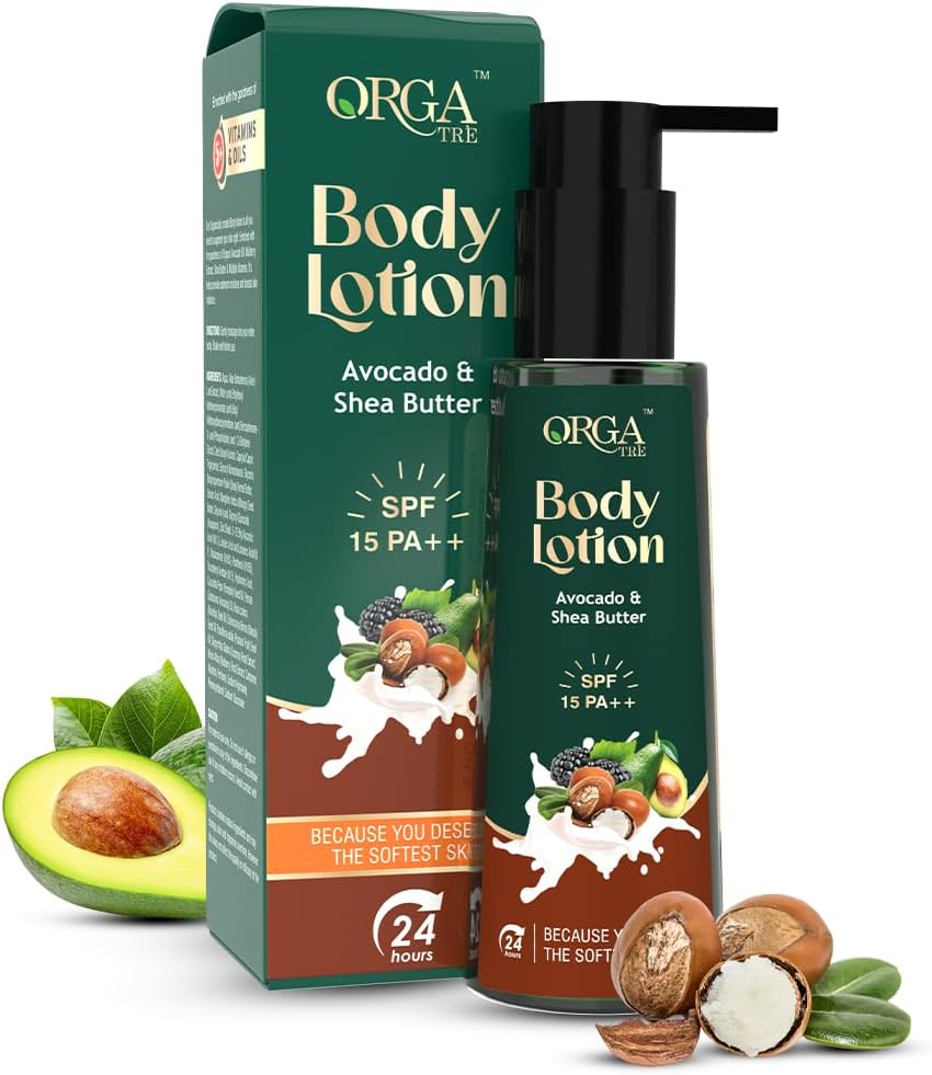 OrgatreBody Lotion | Avocado & Shea Butter with SPF 15 PA | Moisturizer for Dry Skin | Brightening & Sun Protection Body Cream 150 ml