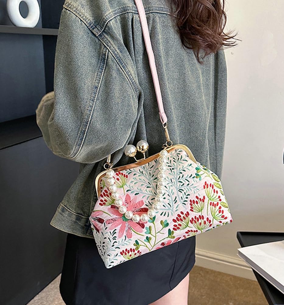 Vintage Embroidered Flower Handbag Retro Pearl Chain Crossbody Bag Clutch Kiss Lock Top Handle Shoulder Purse Wallet 2026