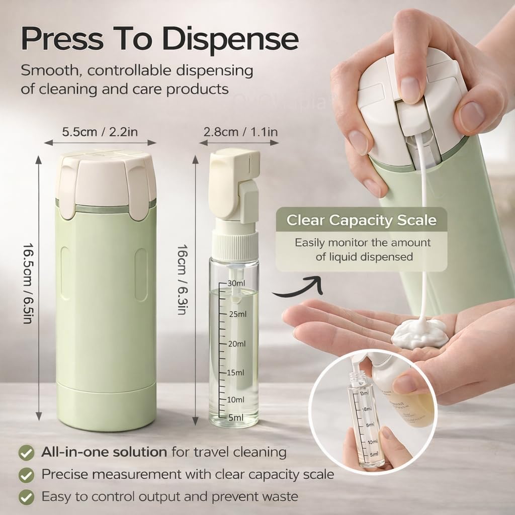 4-in-1 Travel Bottles for Toiletries, Travel Pump Bottle，Leak-Proof Shampoo Conditioner Lotion Dispenser with Pump, Compact No-Spill Toiletry Containers for Travel & Business Trips (Green)