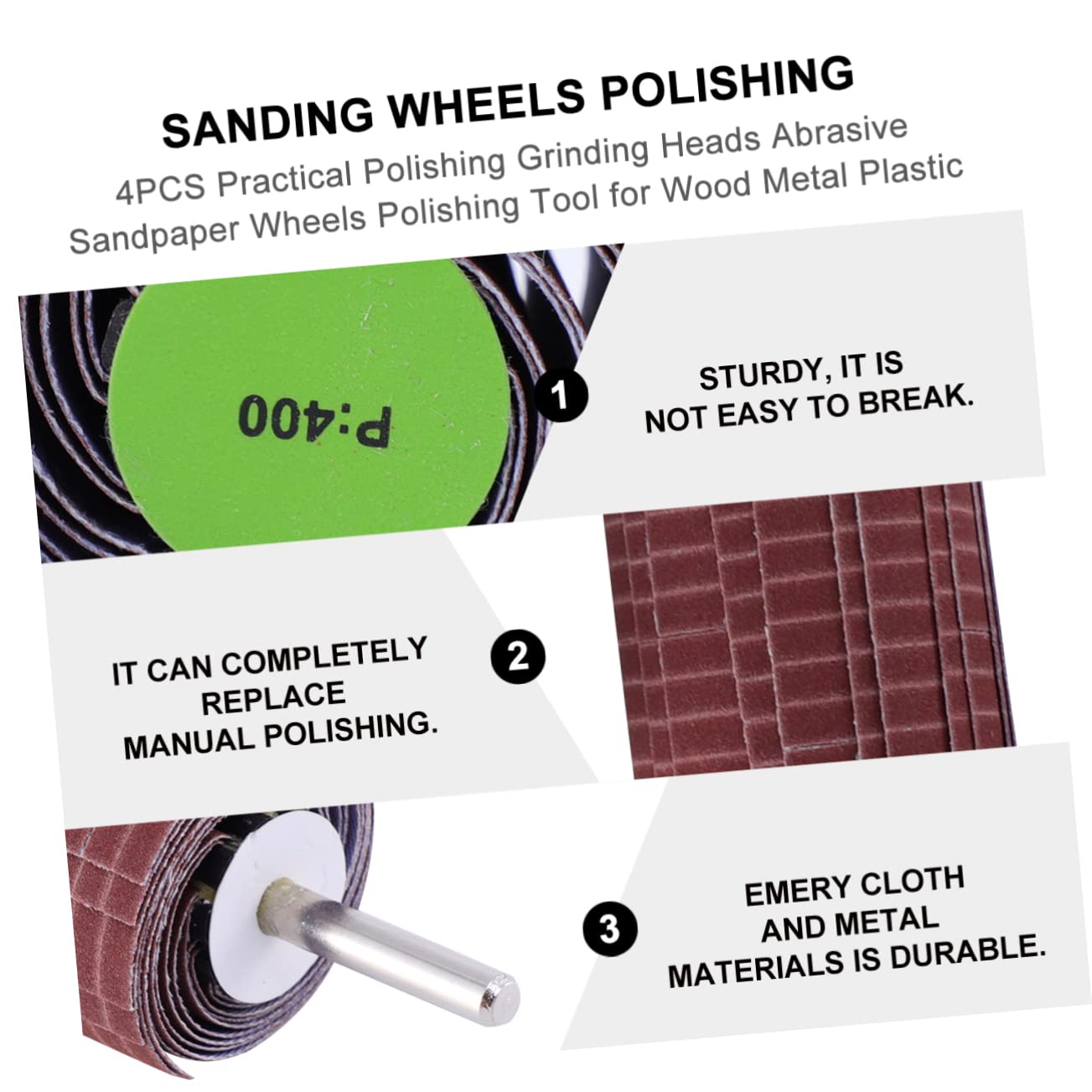 Cabilock 4PCS Sanding Wheels Polishing Tool Set 6MM Rod Diameter Abrasive Abrasive Cloth for Wood Metal and Plastic Polishing