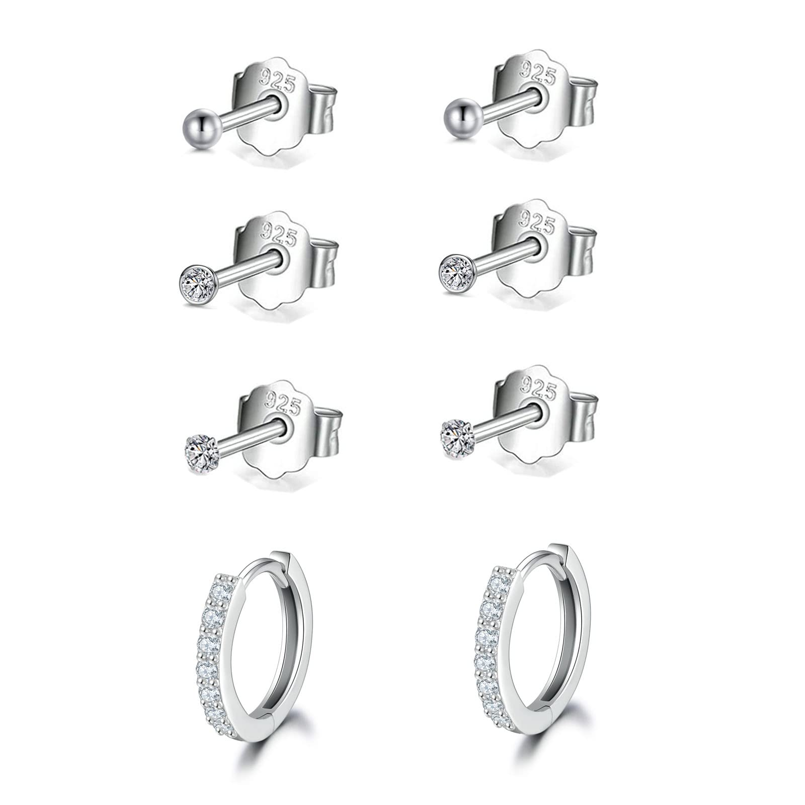 4 Pairs Sterling Silver Stud Earrings for Women, Hypoallergenic Silver Hoop Earrings with Cubic Zirconia Ball Stud Earrings, Small Sleeper Cartilage Hoop Stud Earrings Set for Girls (2mm*3+8mm*1)