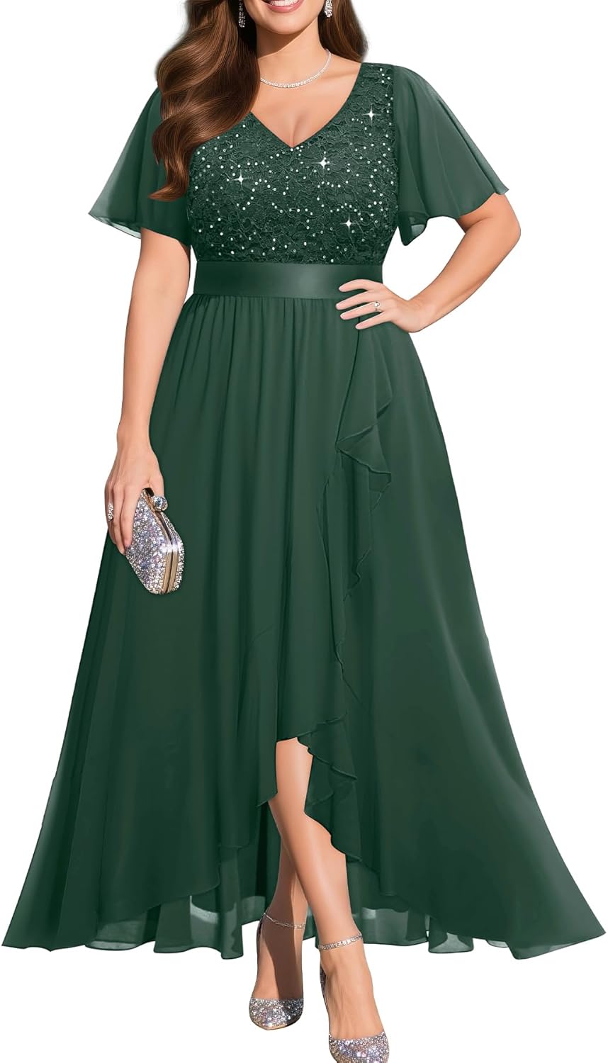 Pinup Fashion Plus Size Formal Dress - Evening Wedding Guest Cocktail Sequin Chiffon Long Dresses with Slit