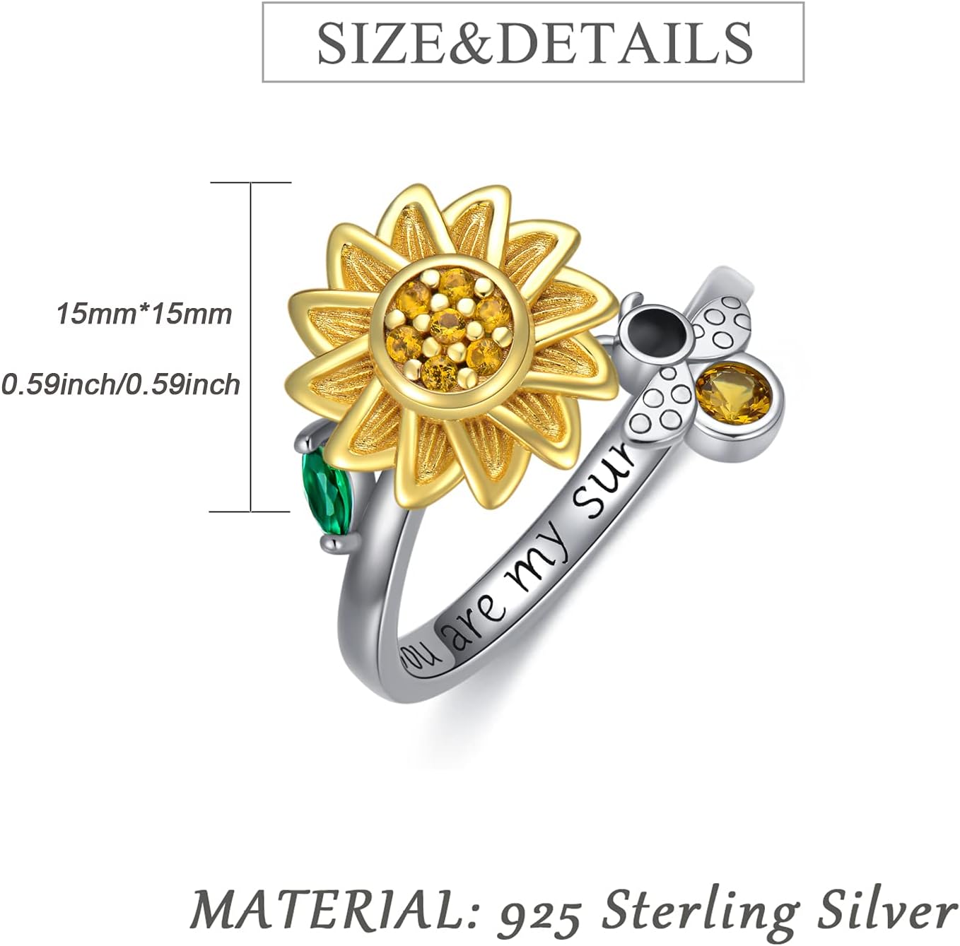 925 Sterling Silver Fidget Ring for Women Sunflower/Rose Anxiety Stress Spinner Ring to My Daughter Fidget Ring Open Adjustable Ring Jewelry Gift Women Girl - Image 2