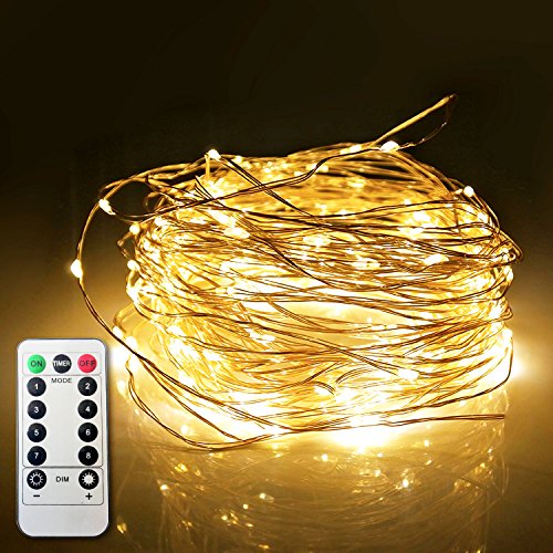 ETHINK 200 LED 65.6ft Auto Timer 8 Modes Remote Control Battery Operated Waterproof Dimmable Fairy String Copper Wire Lights for Christmas, Bedroom, Party, Patio, Wedding, Warm White (200LED)