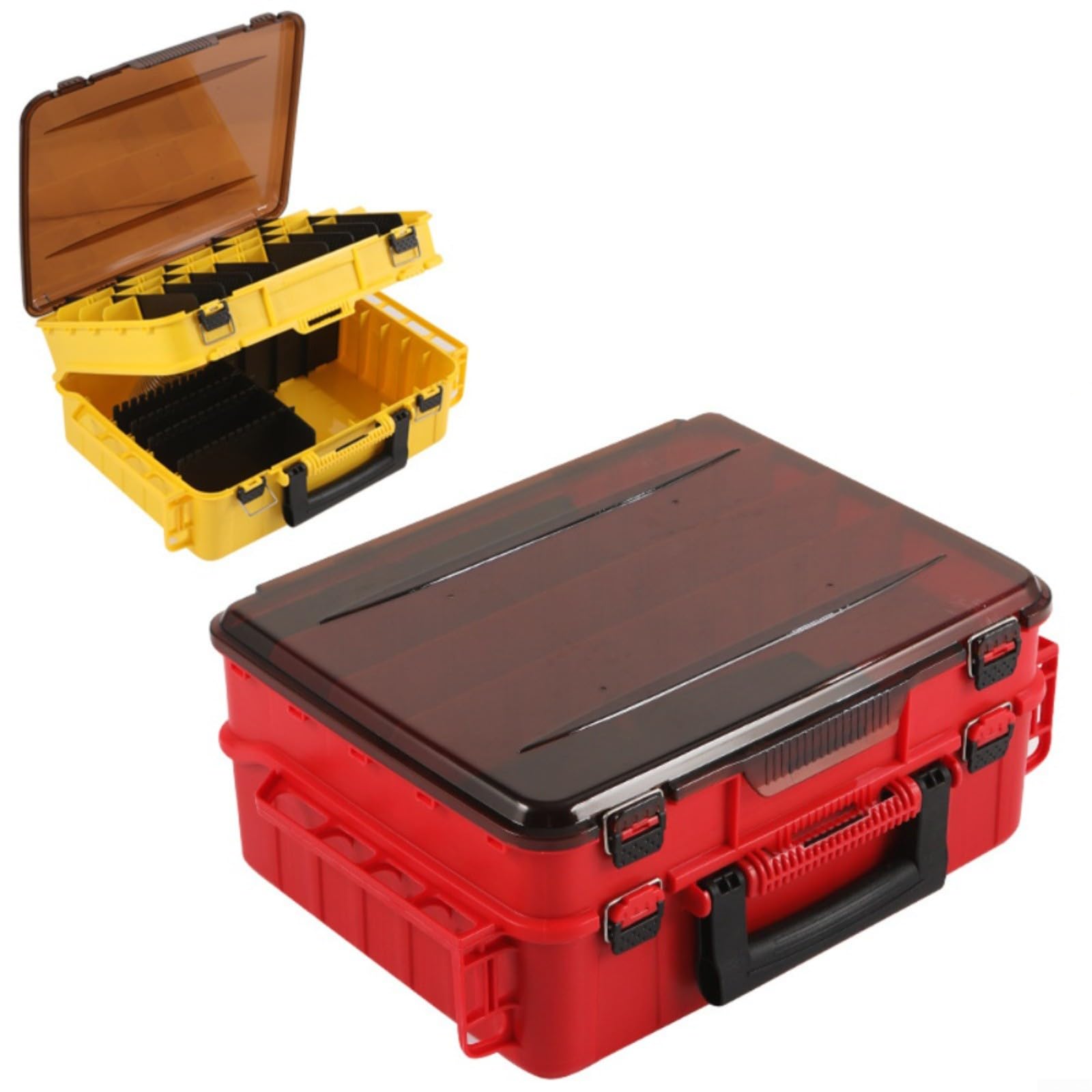 Scatola per esche da pesca a doppio strato con divisori regolabili, custodia portatile per ami e accessori, scaffale laterale ventilato per attrezzi, 43 x 33 x 19 cm (rosso)