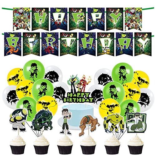 Ben 10 Birthday Party Decorations , Birthday Party Supplies For Ben 10 Includes The Ben 10 Inspired Happy Birthday Banner - Cake Topper - 12 Cupcake Toppers - 18 Balloons