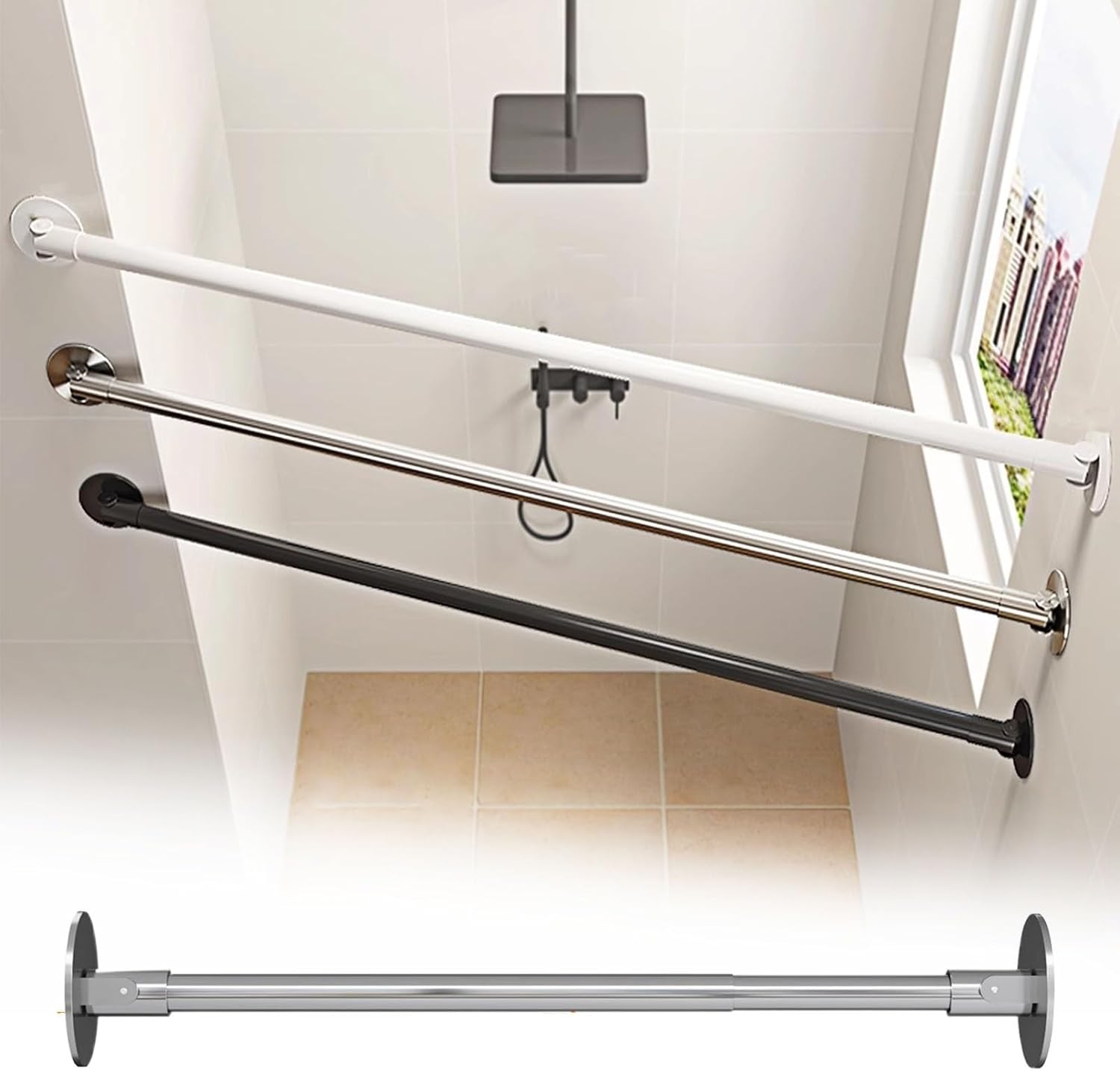 Closet Rod Flange Adjustable Closet Rod for Angled Wall, Retractable Corner Shower Curtain Rod Stainless Steel, 180° Swivel Hanging Clothes Support Pole(Silver,140-230cm(55"-90.5"))