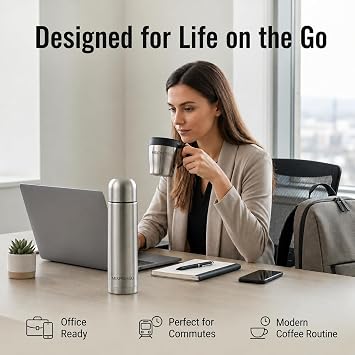 Mixpresso Stainless Steel Coffee Flask with Mug, Vacuum Insulated Travel Thermos for Hot & Cold Drinks, Slim Coffee Bottle Fits Car Cup Holders, 17 Oz