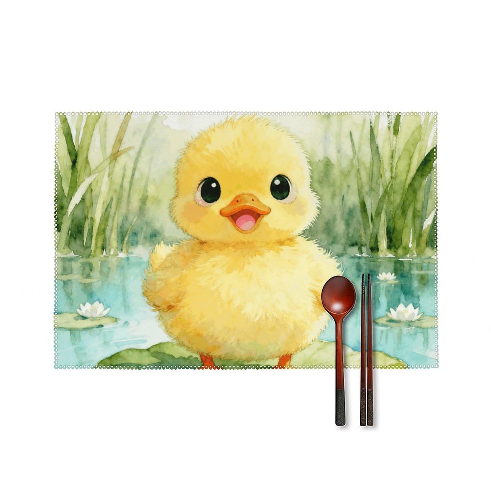 Cute Duck Spirit Placemats Set of 6, 12x18 Inch Heat Resistant Washable Canvas Table Mats, Stain Resistant Decorative Dining Placemats for Kitchen, Restaurant, Outdoor Party