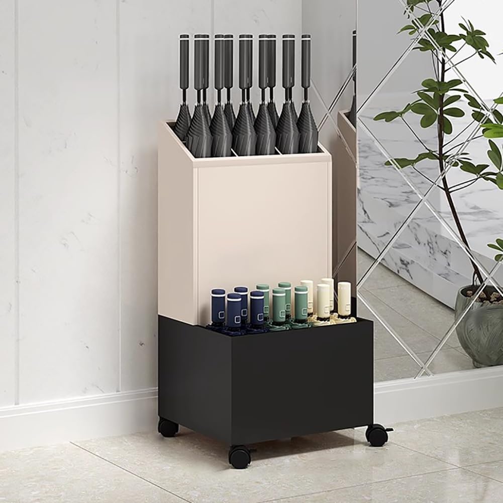 Double-Layer Umbrella Stand with Removable Water Tray, Large Capacity Wrought Iron Rack for Long & Short Umbrellas, 360° Wheels for Easy Mobility, Perfect for Entryways