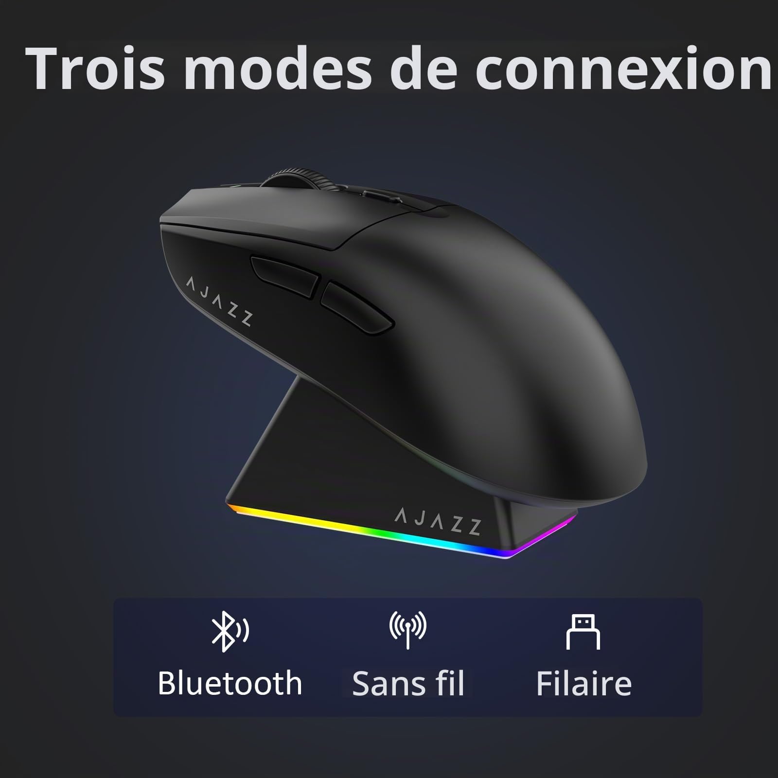 AJAZZ AJ139 V2 MC Wireless Gaming Mouse, PAW3311 Sensor, 24K DPI, 2.4G/USB-C/BT, 500mAh Battery, Ultra-Light 66g, RGB Magnetic Charging Base, 80 Million Clicks Life, Compatible with PC and Mac, Black