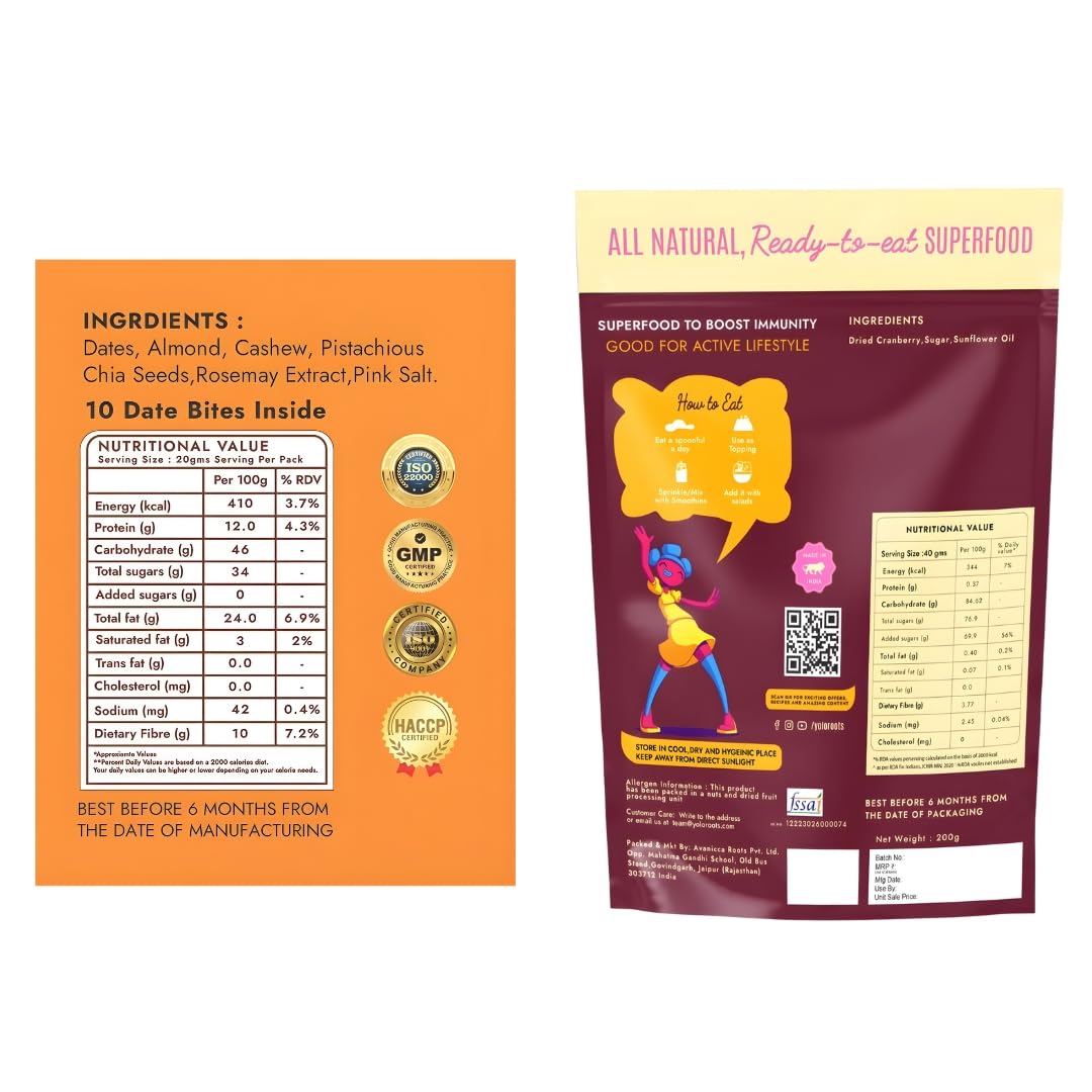 Yolo Roots Date & Nut Bites 200g (10 Pieces) & Dried Sweet Cranberries 200g Combo | Dates, Almonds, Cashews & Pista Sweet with Sliced Cranberries | Ready-to-Eat Snack Pack (Pak of 2)